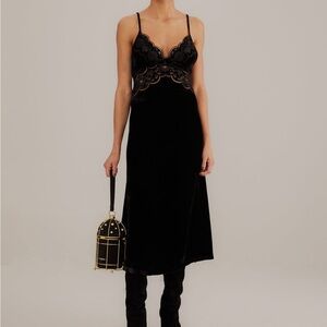 Farm Rio Black Richelieu Velvet Slip Dress Size S